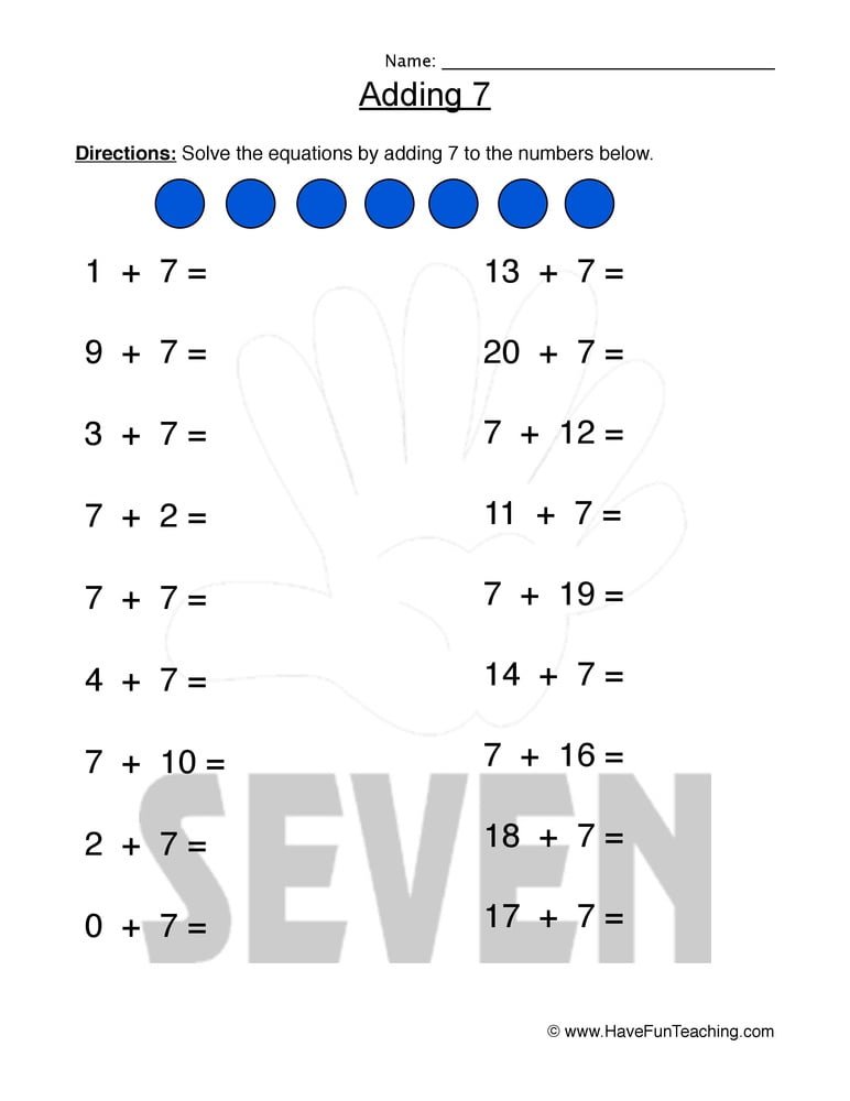 Adding Seven Equations Worksheet  Have Fun Teaching