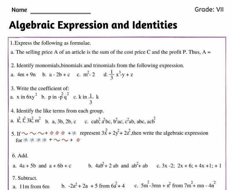Algebraic Expressions Worksheet For Class