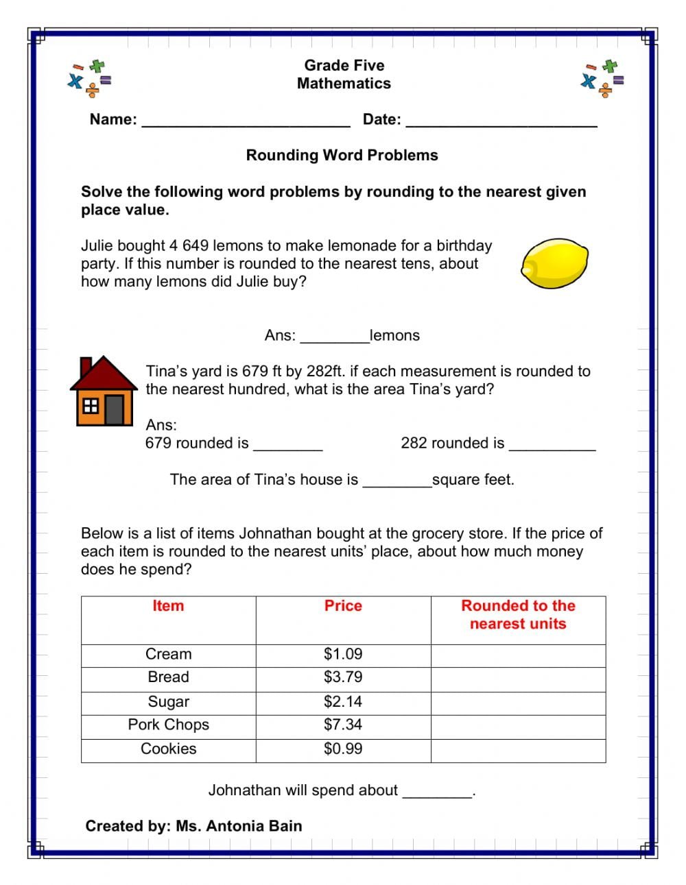 4th Grade Multiplication And Rounding Word Problems Worksheets