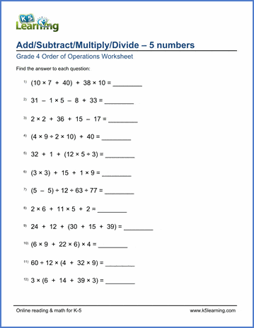 Grade  Math Worksheets Order Of Operations  Terms