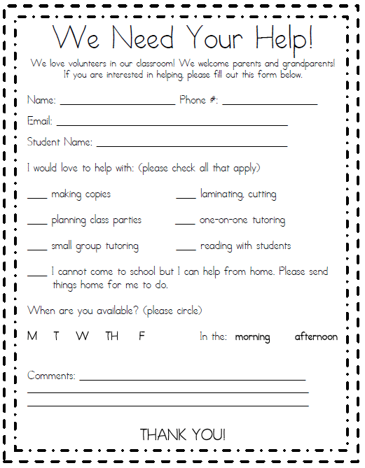 Parent Volunteer Form WorksheetsCity