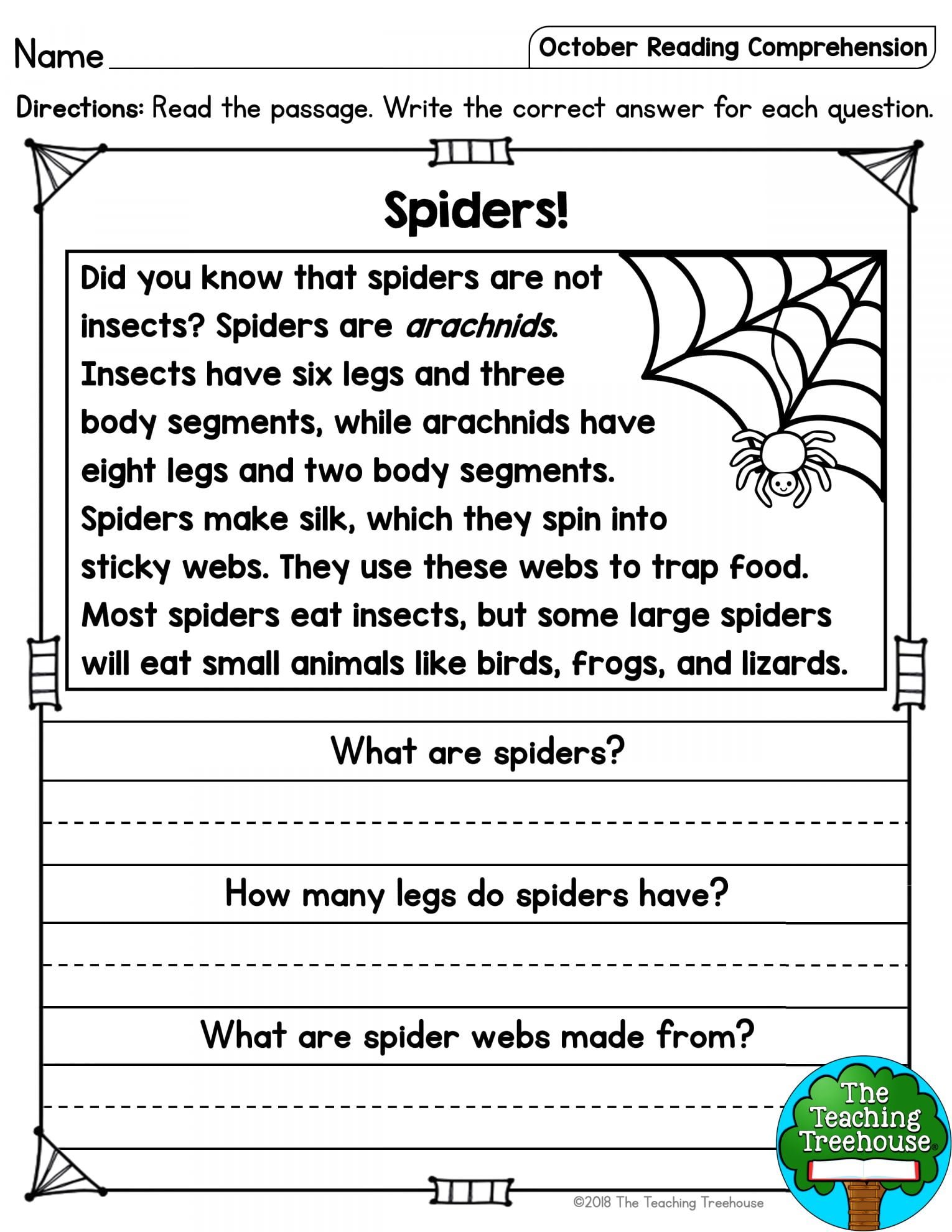 Spider Web Reading Comprehension Worksheets WorksheetsCity