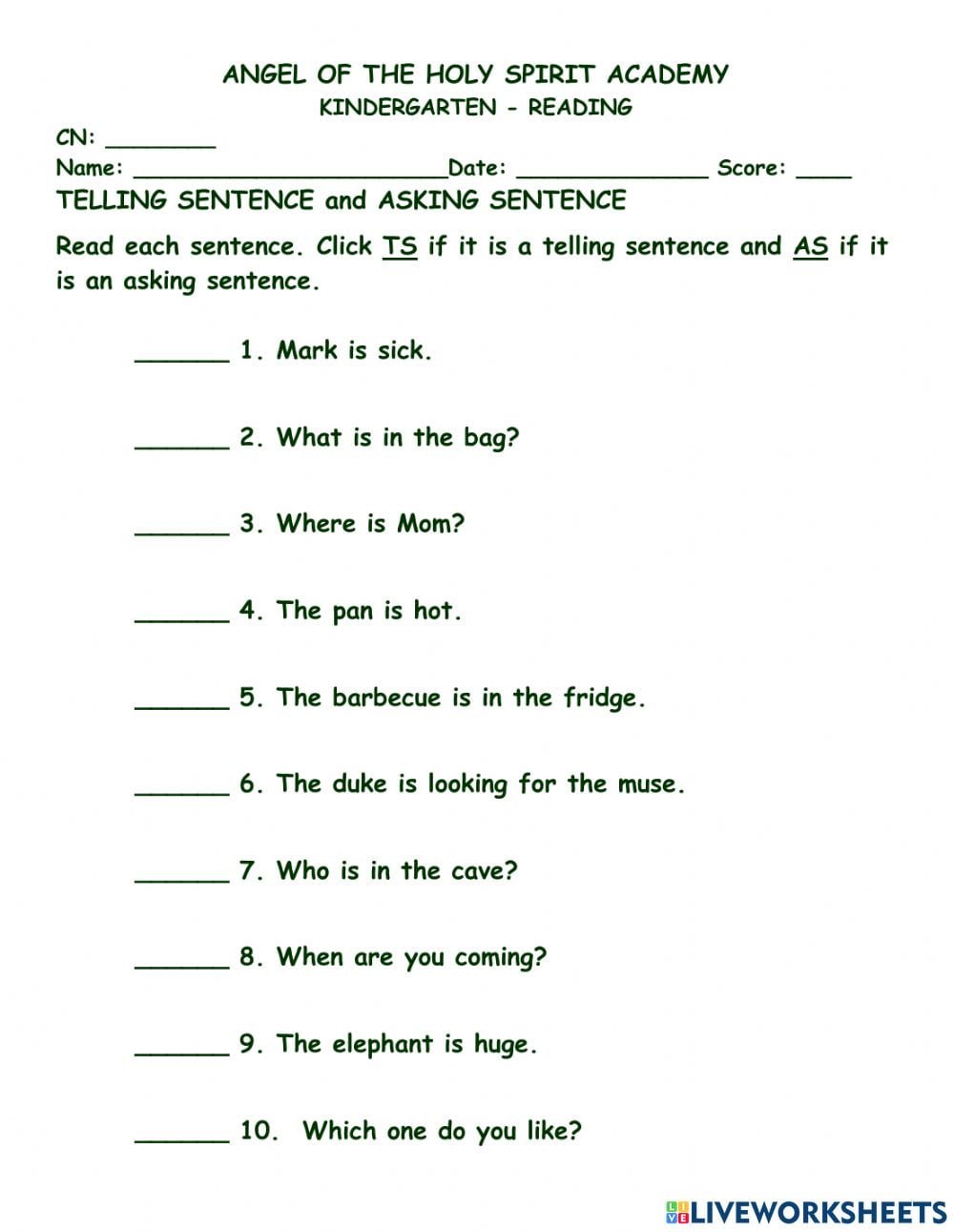 Telling And Asking Sentence Worksheet