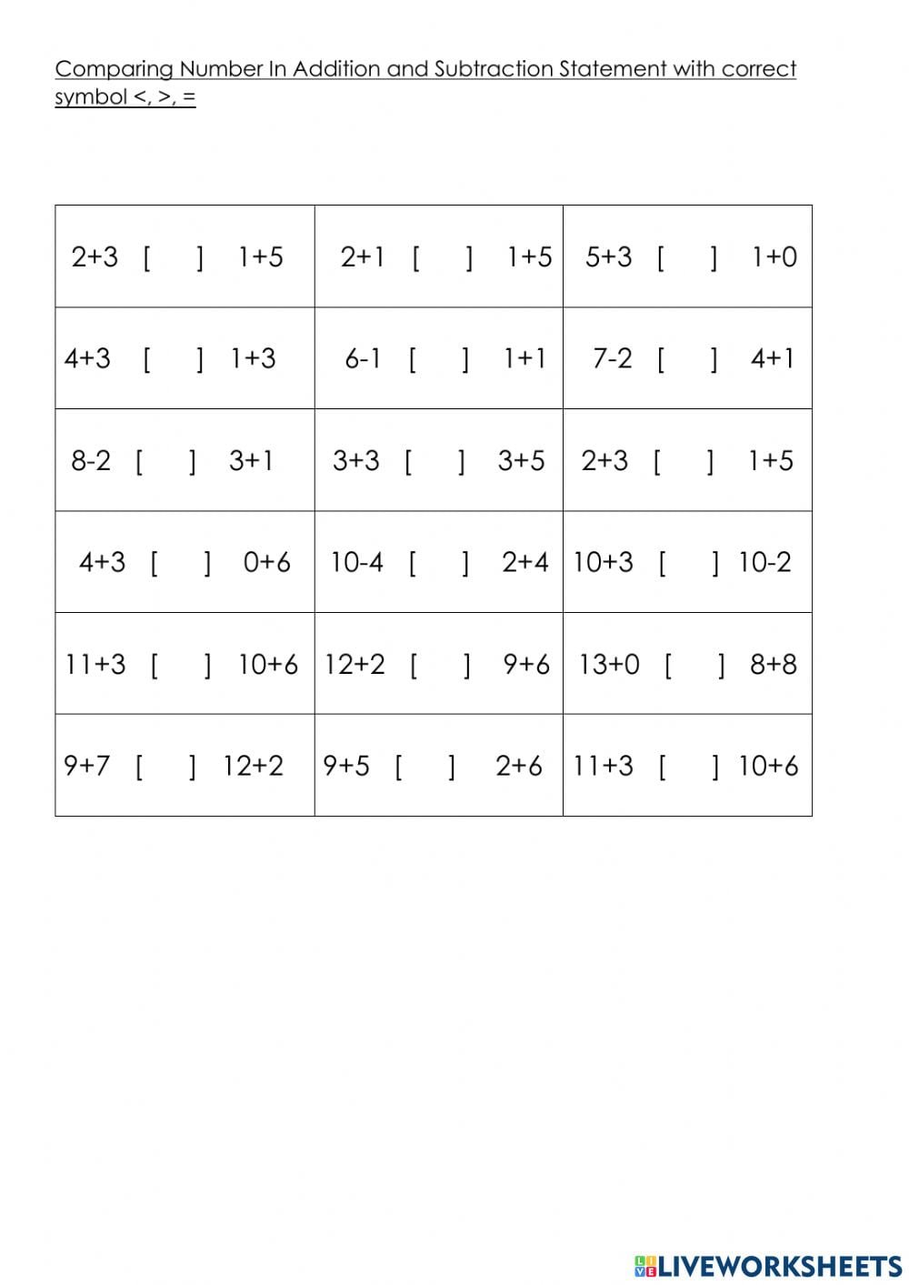 Comparing Numbers Subtraction Worksheet