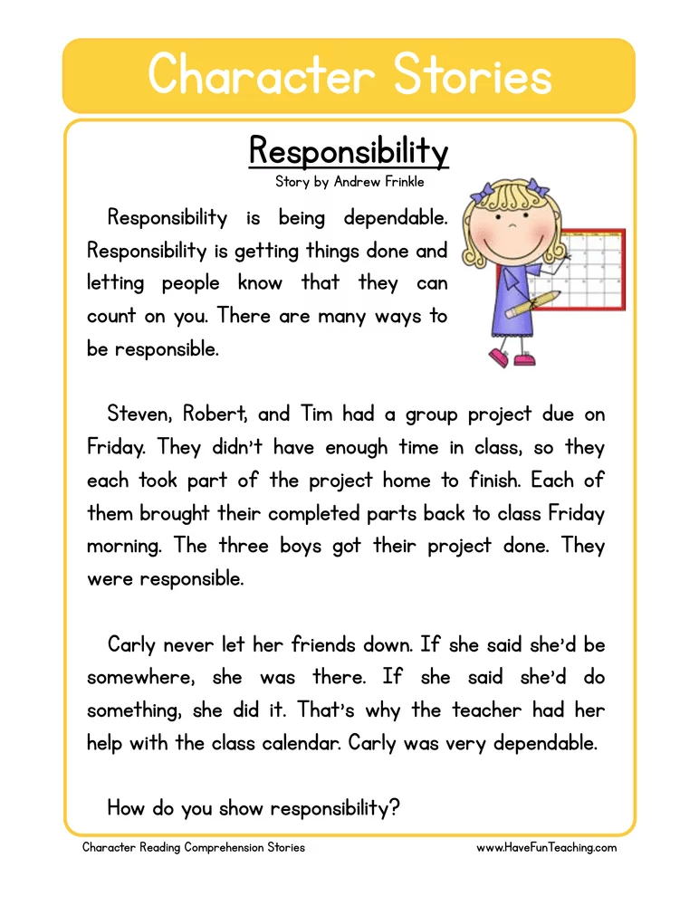 responsibility-character-reading-comprehension-worksheets