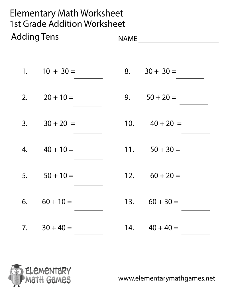 First Grade Adding Tens Worksheet
