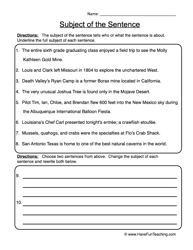 Subject Of The Sentence Worksheets - WorksheetsCity