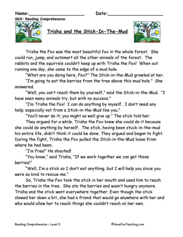 Trisha And The Stick In The Mud Reading Comprehension Worksheet