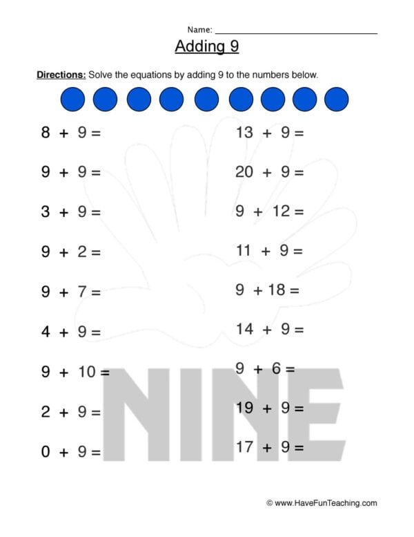 Adding Nine Equations Worksheet
