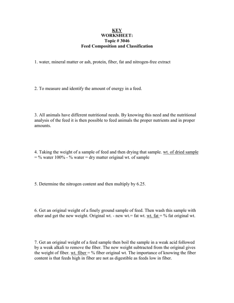 Key Worksheet Topic   Feed Composition And Classification
