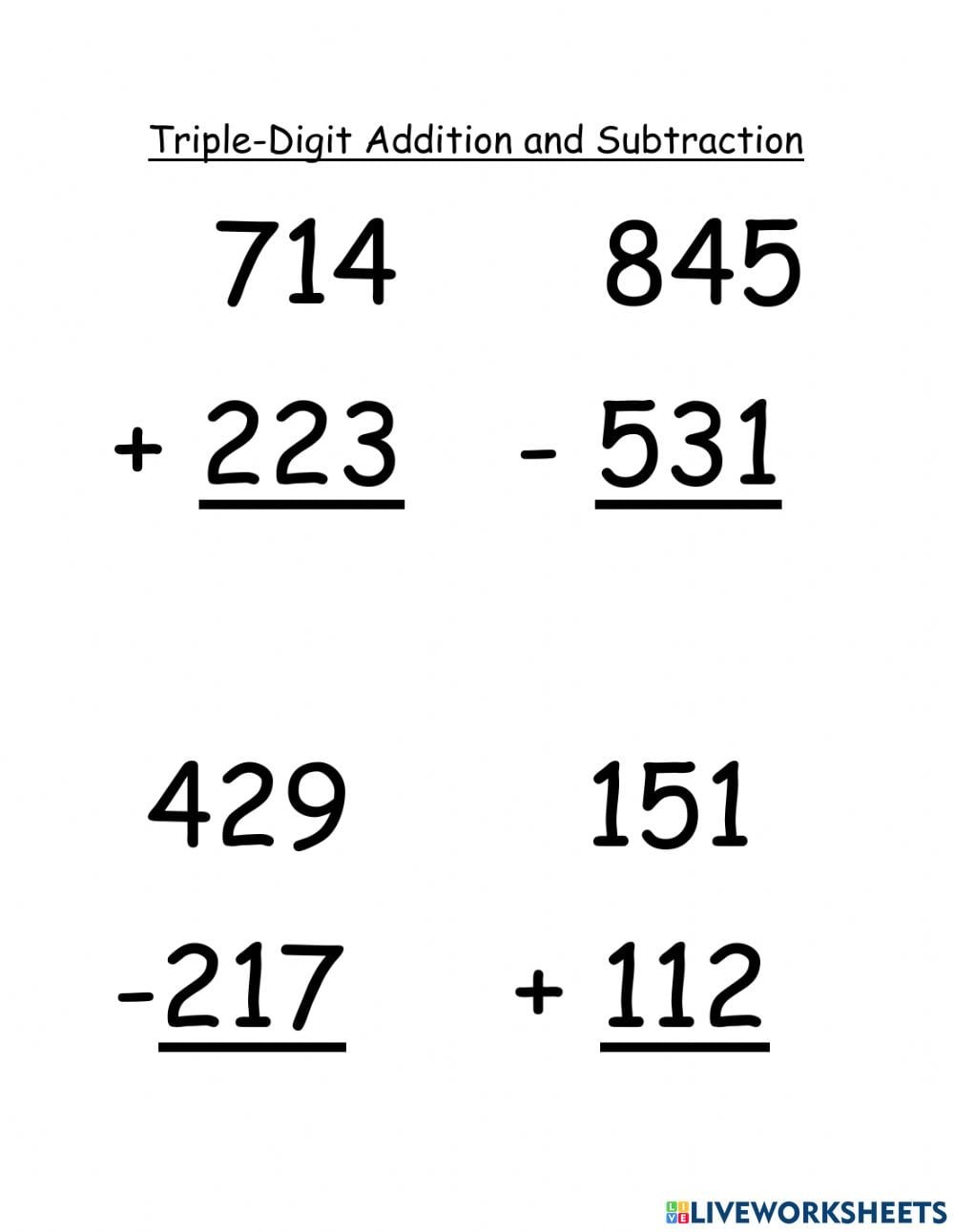 Three Digit Addition And Subtration No Regrouping Worksheet