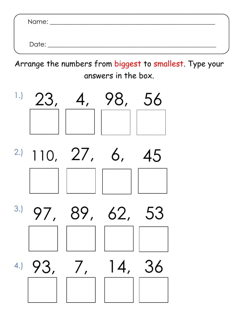 Order Numbers From Least To Greatest Worksheet Grade 2 ...