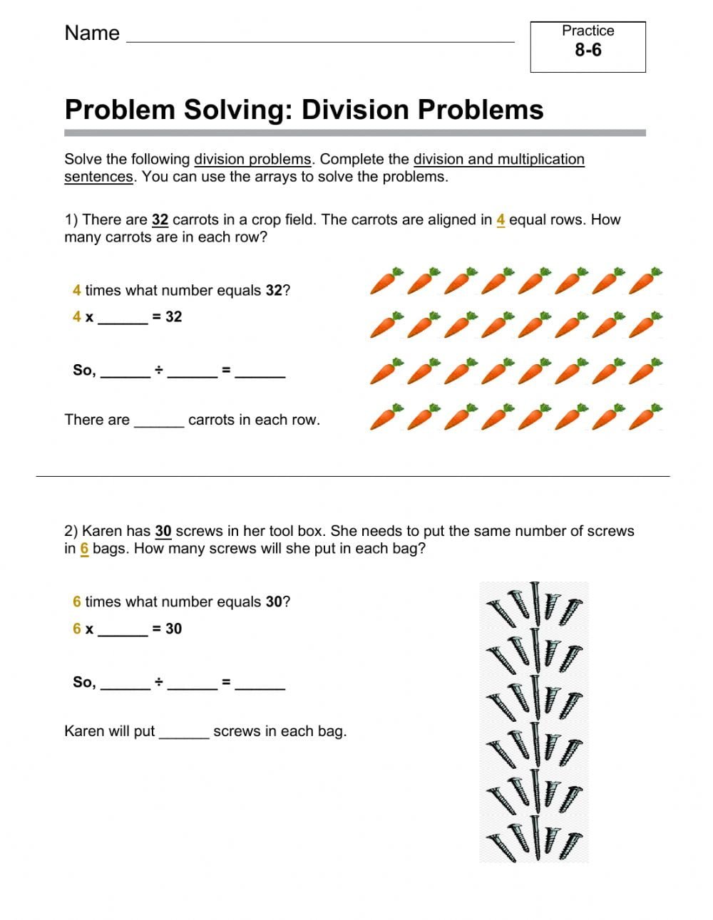 division problem solving questions year 2