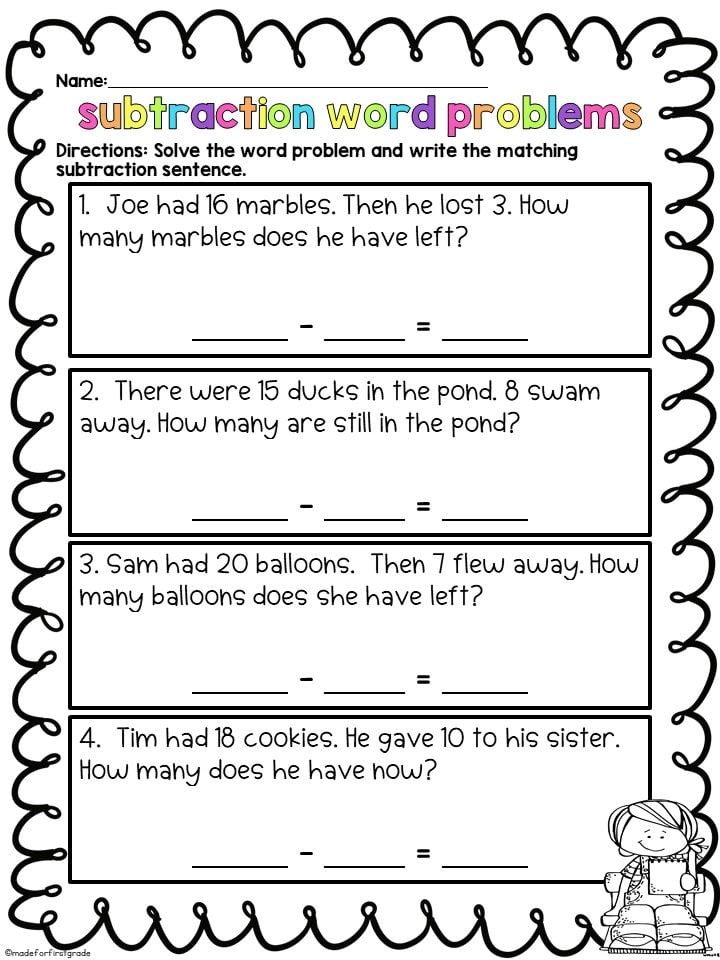 Subtraction Word Problems: First Grade Math Worksheets