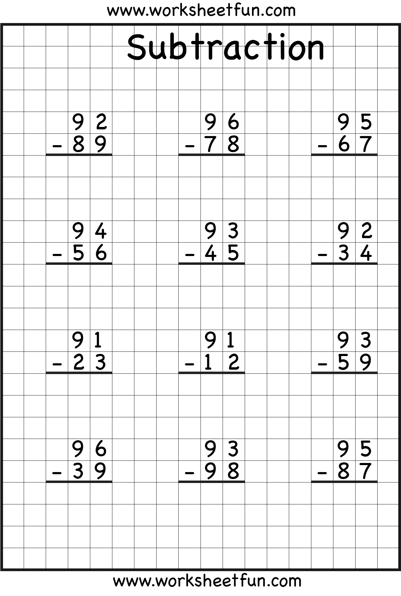 Digit Borrow Subtraction – Regrouping – 4 Worksheets