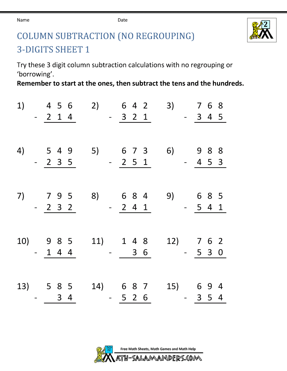Find The Missing Digits In Subtraction Worksheets