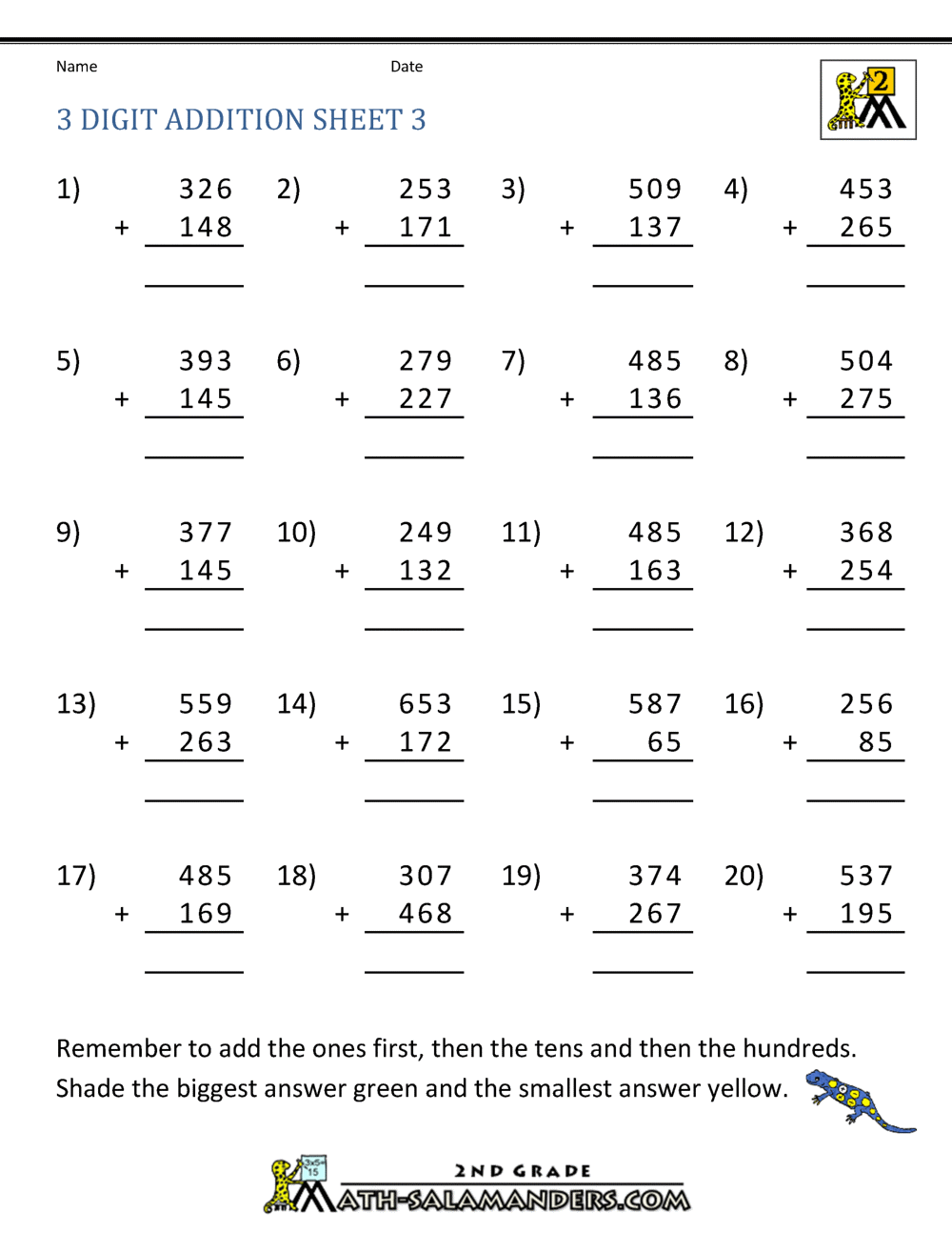 Free Printable 3 Digit Math Worksheets