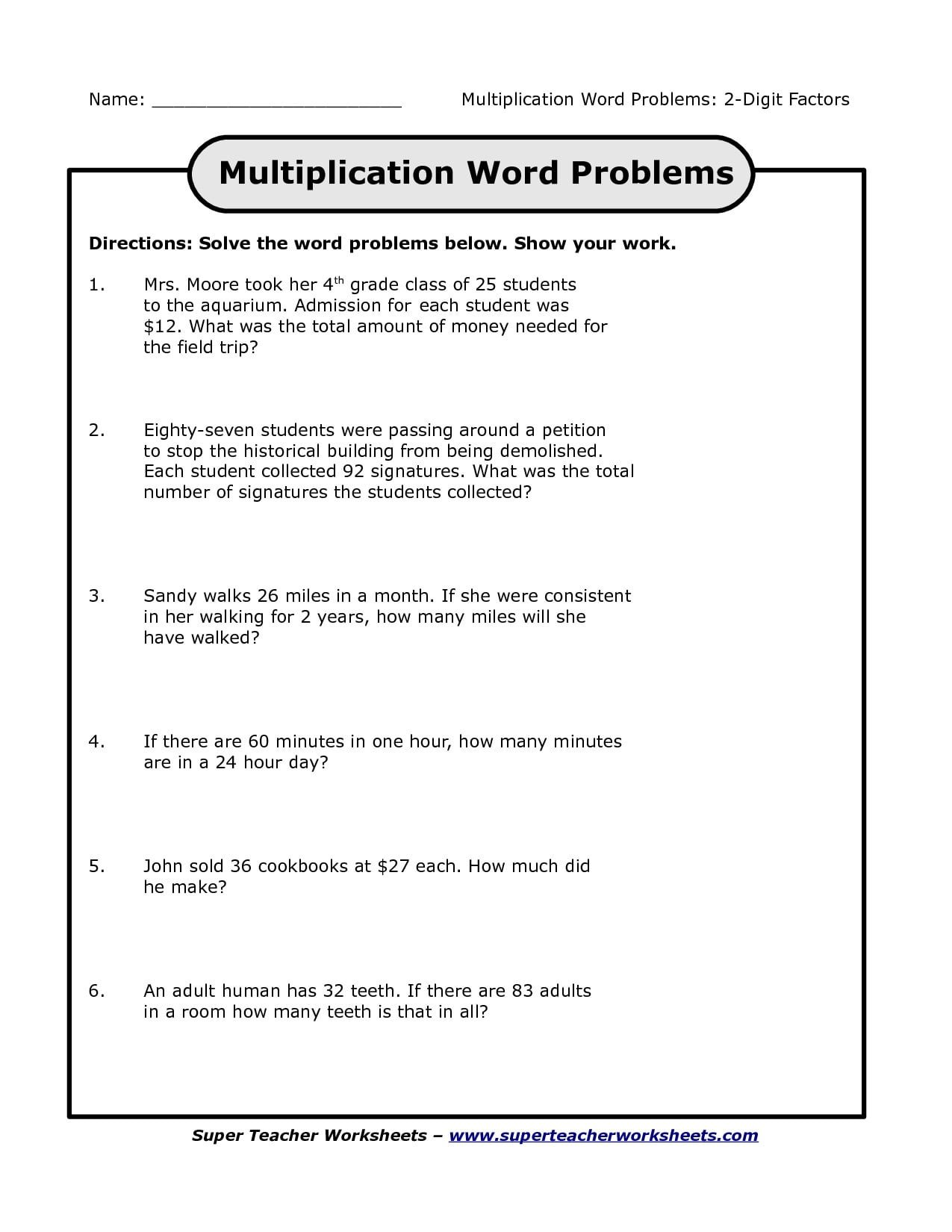 2 Digit By 1 Digit Multiplication Word Problems Worksheets WorksheetsCity