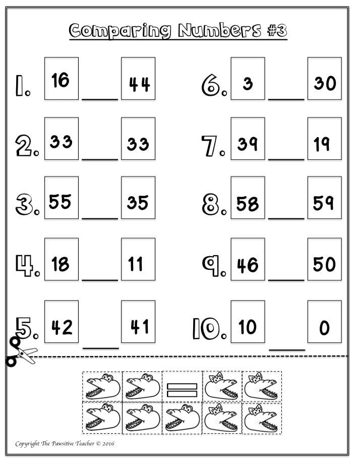 Math Worksheets Comparing Numbers 1st Grade