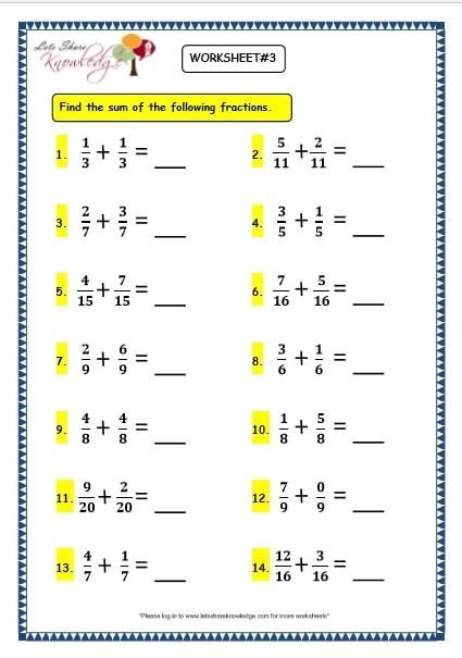 Grade 3 Maths Worksheets: (7.6 Adding Fractions)